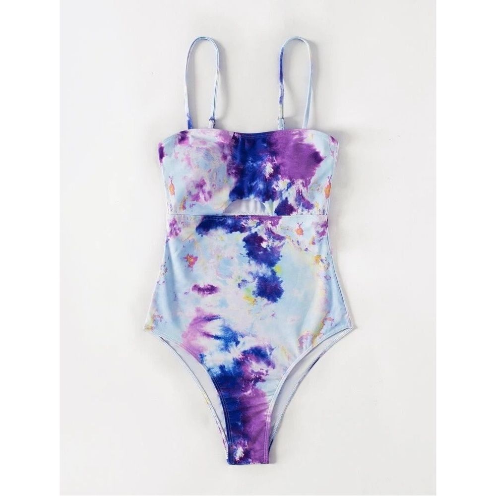 SOLD NWOT Shein Tie Dye Keyhole One Piece Swimsuit Blue Purple Size Large - Picture 3 of 14